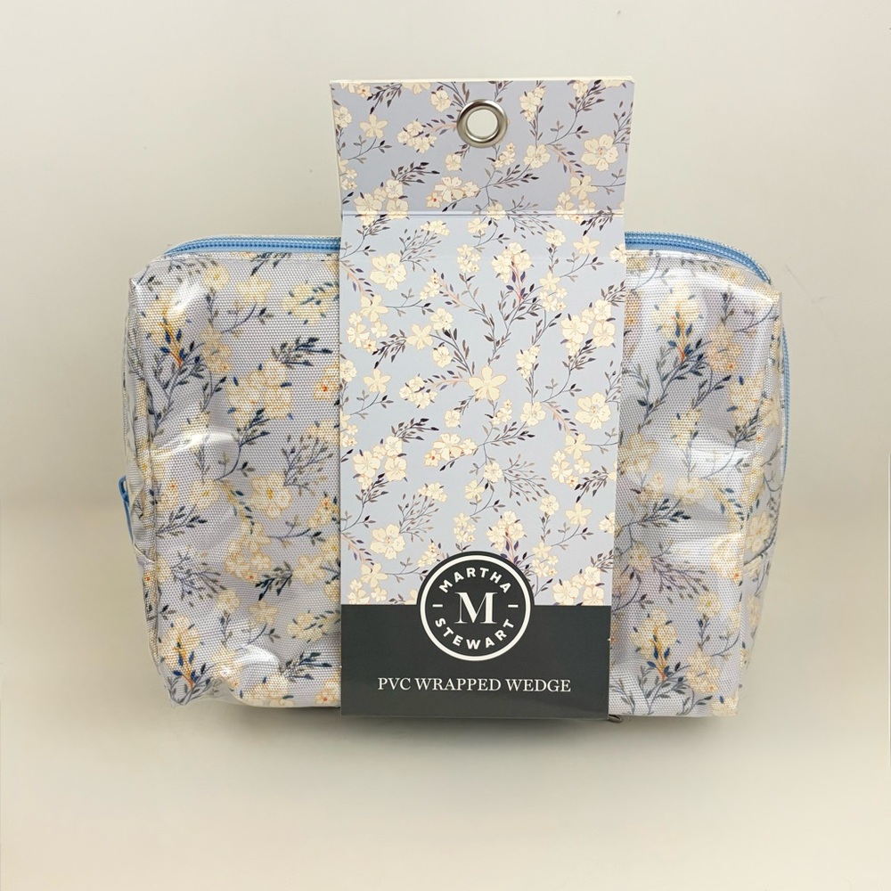 Martha Stewart Blue Floral PVC Wrapped Wedge Case Makeup Bag New With Tags